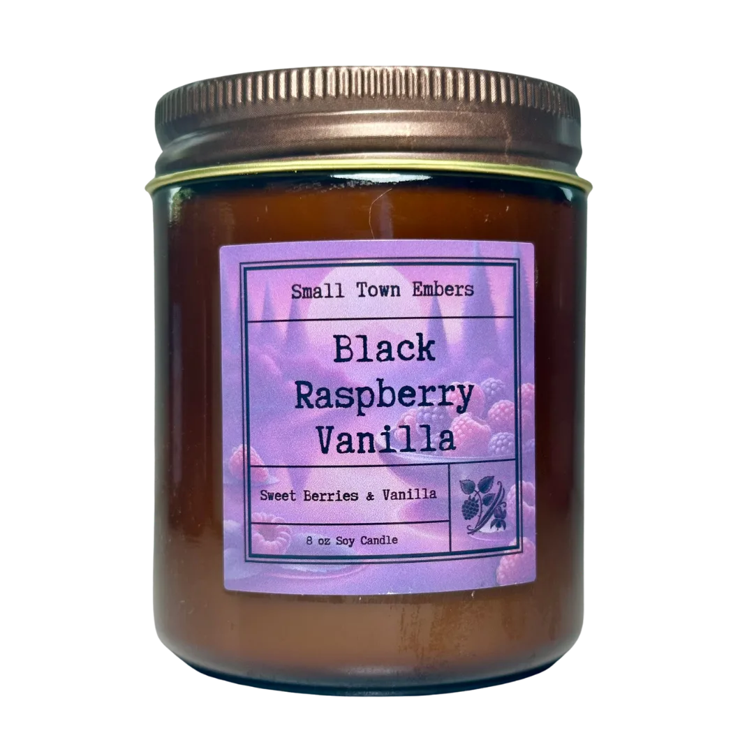 a picture of a black raspberry vanilla scented 8 oz soy wax candle