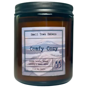 a picture of a comfy cozy scented 8 oz soy wax candle