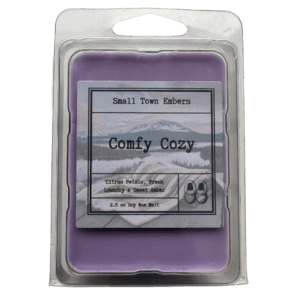a picture of the front of a comfy cozy scented wax melt