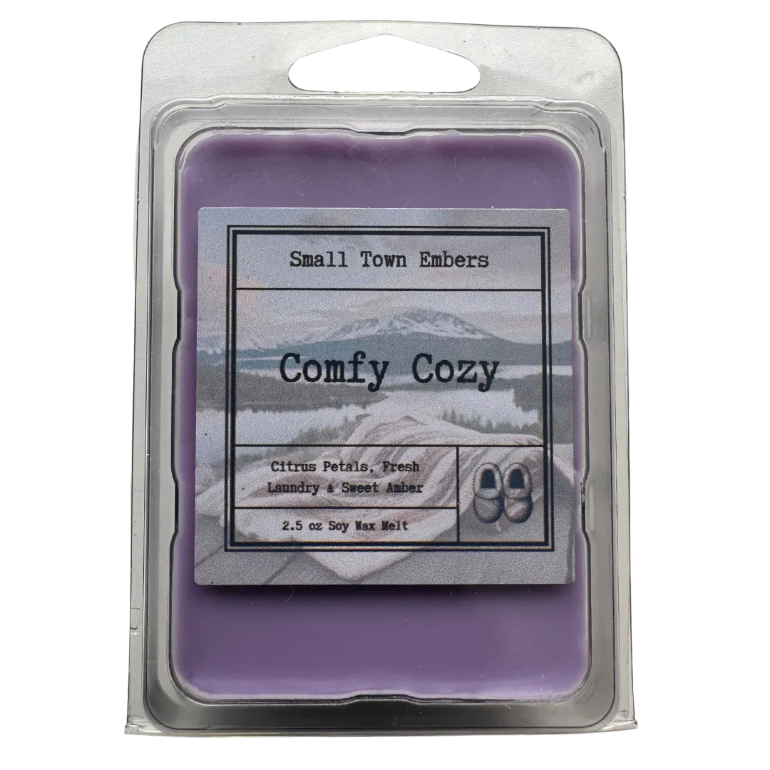 a picture of the front of a comfy cozy scented wax melt
