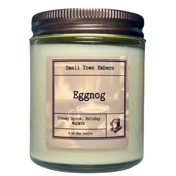 a picture of a eggnog scented 8 oz soy wax candle