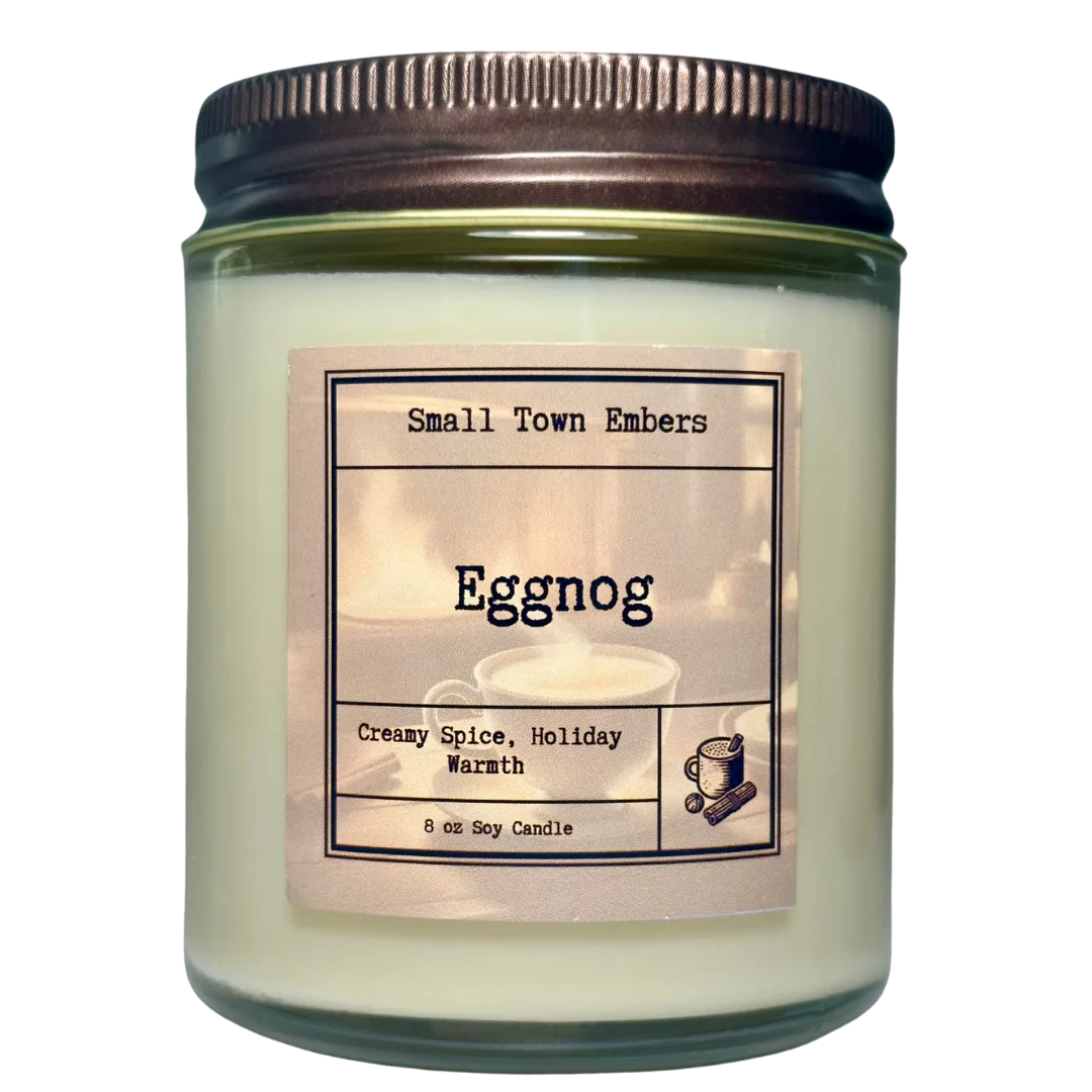 a picture of a eggnog scented 8 oz soy wax candle