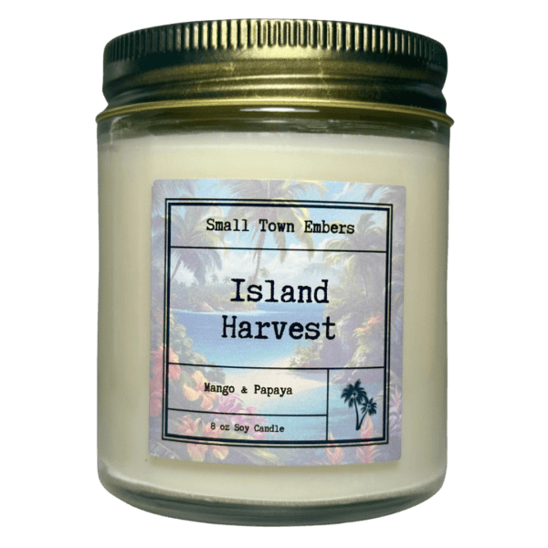 a picture of a island harvest scented 8 oz soy wax candle
