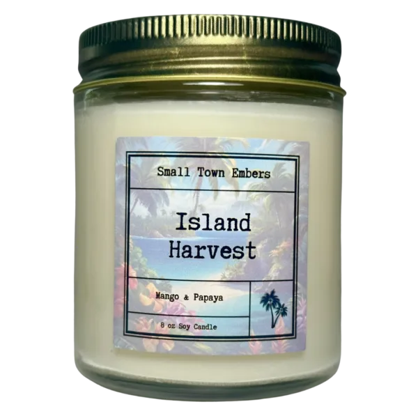 a picture of a island harvest scented 8 oz soy wax candle