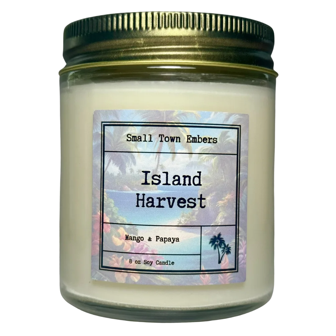 a picture of a island harvest scented 8 oz soy wax candle