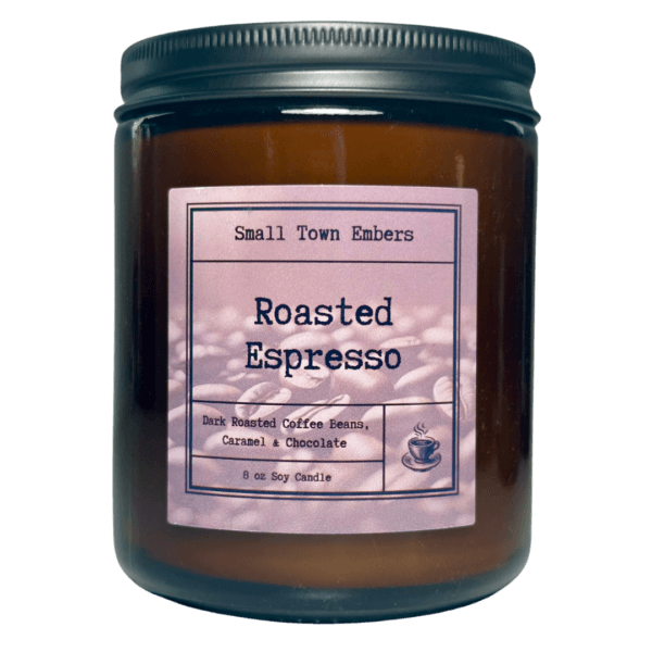 a picture of a roasted espresso scented 8 oz soy wax candle