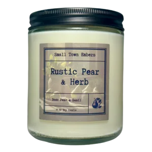 a picture of a rustic pear and herb scented 8 oz soy wax candle