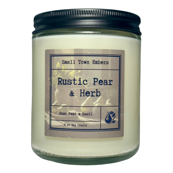 a picture of a rustic pear and herb scented 8 oz soy wax candle