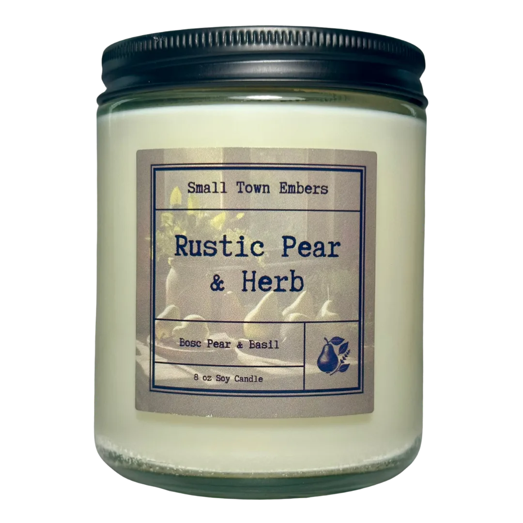 a picture of a rustic pear and herb scented 8 oz soy wax candle