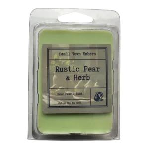 a picture of the front of a rustic pear and herb scented wax melt