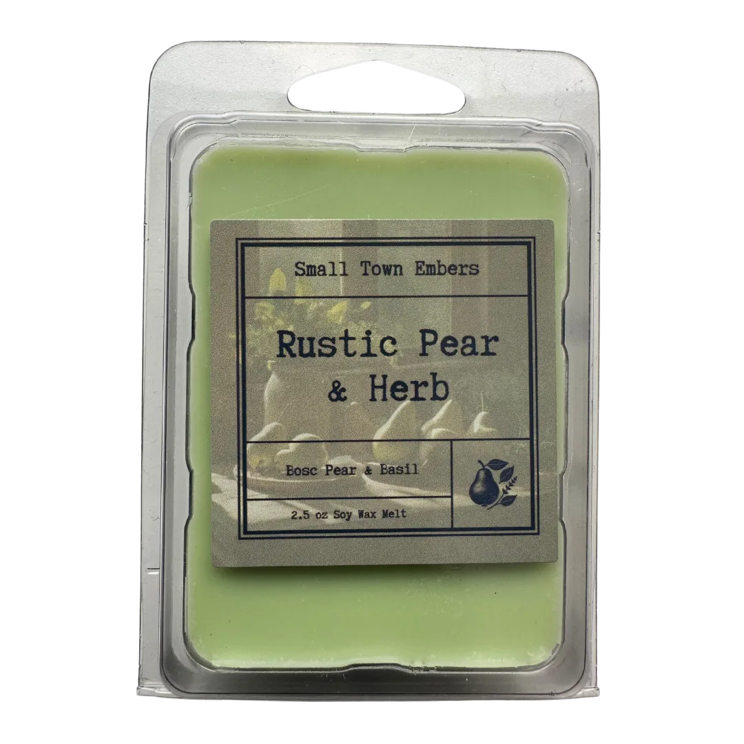 a picture of the front of a rustic pear and herb scented wax melt