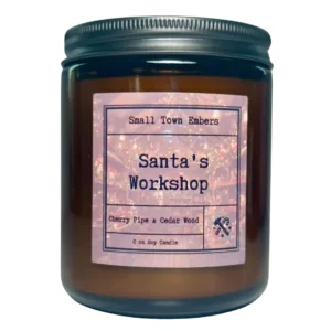 a picture of a santas workshop scented 8 oz soy wax candle