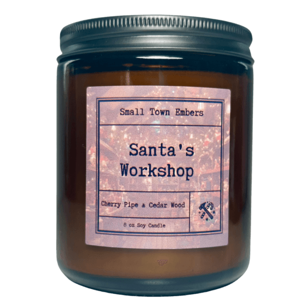 a picture of a santas workshop scented 8 oz soy wax candle