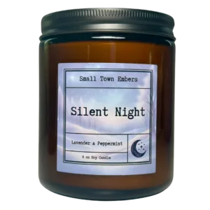 a picture of a silent night scented 8 oz soy wax candle