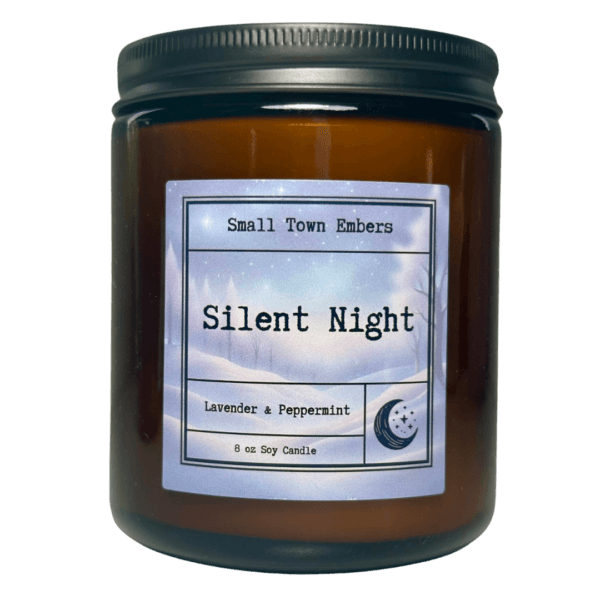 a picture of a silent night scented 8 oz soy wax candle