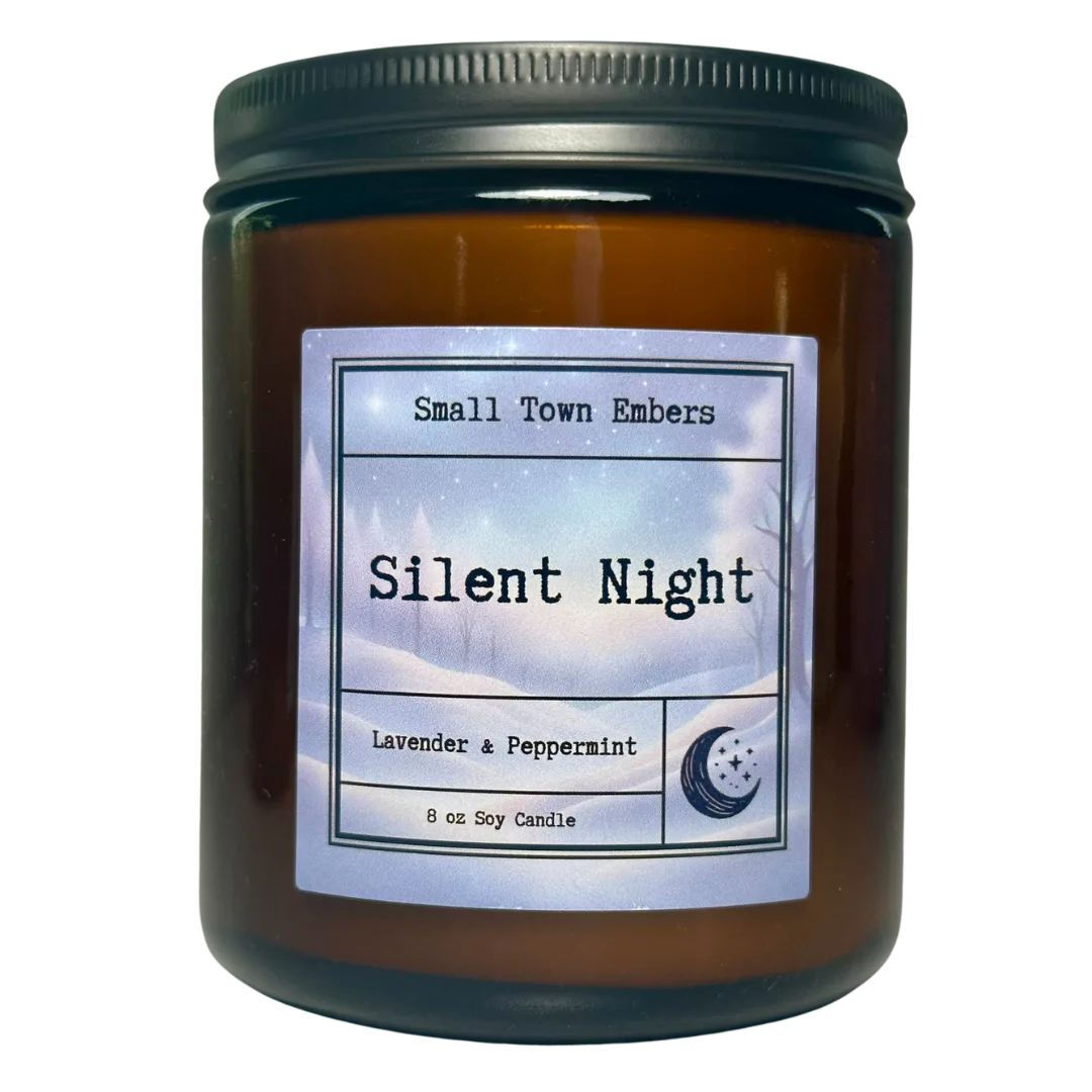 a picture of a silent night scented 8 oz soy wax candle