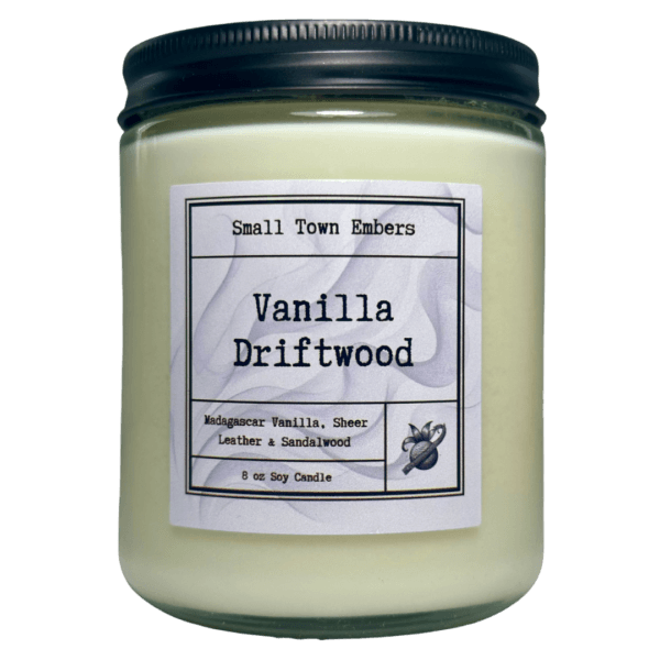 a picture of a vanilla driftwood scented 8 oz soy wax candle