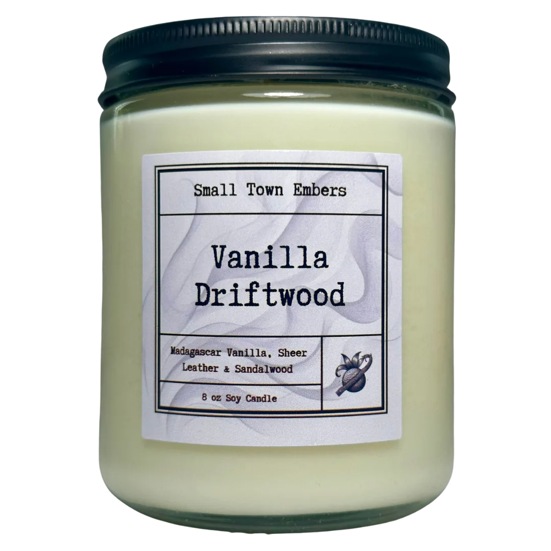 a picture of a vanilla driftwood scented 8 oz soy wax candle