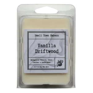 a picture of the front of a vanilla driftwood scented wax melt